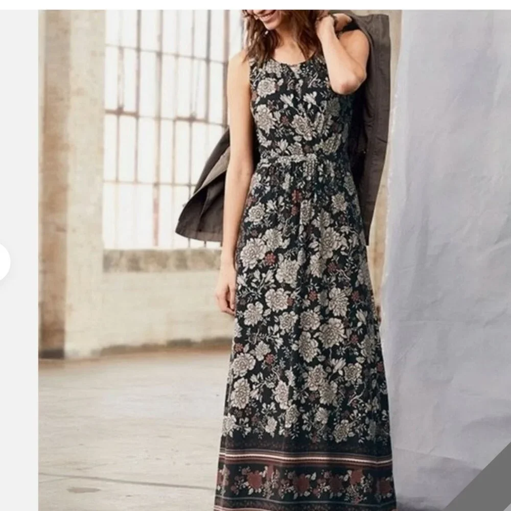 Garnet Hill Dark Floral Sleeveless Maxi Dress‎ Cinch Waist Faux Wrap Top Scoop L